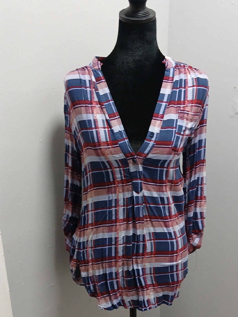 Market & Spruce Navy, Burgundy and White Plaid V-Neck Blouse
